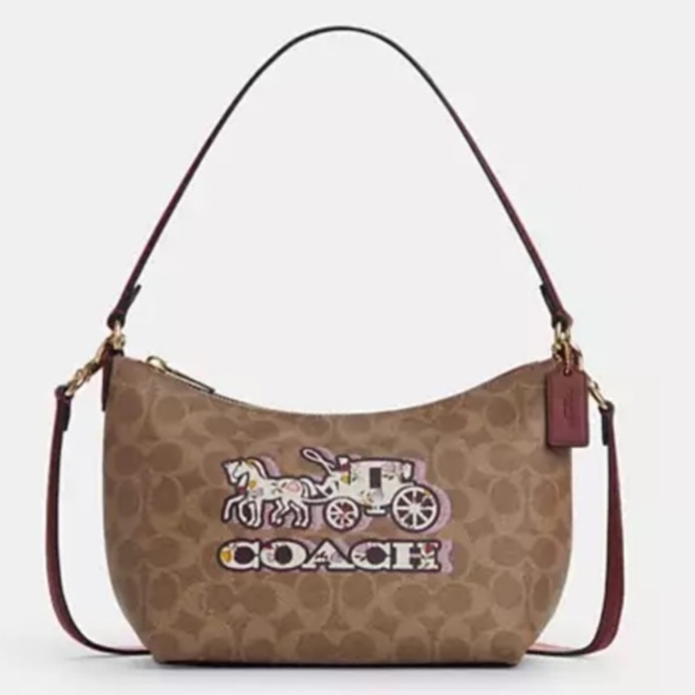 New Coach Zip Top Shoulder Bag In Signature Canvas With Horse And Carriage Print